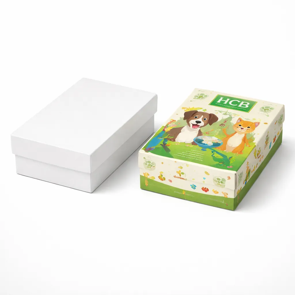 Two square rigid boxes with lids, one minimalist white and one with vibrant orange and teal pet graphics. class=